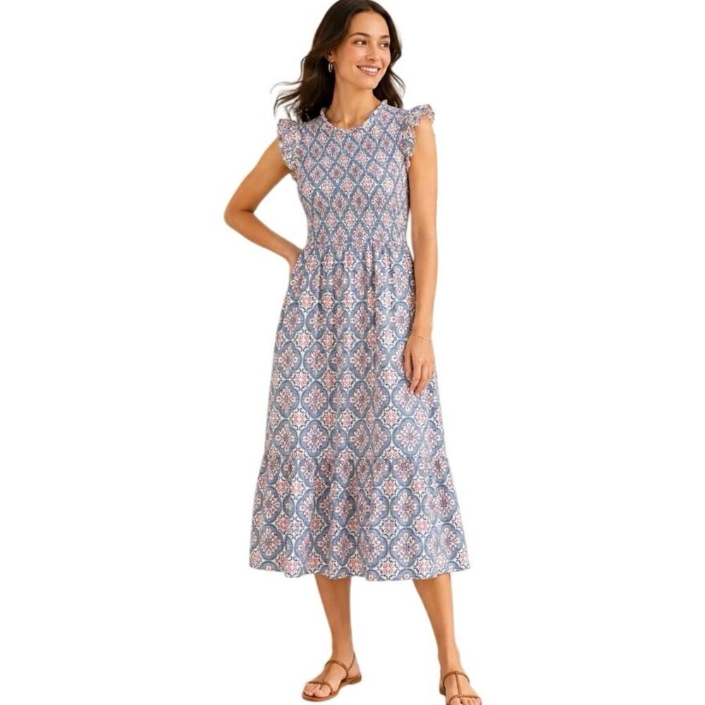 LOFT  Petite 10P Smocked Midi Dress Blue Pink Medallion Print Ruffle Sleeves